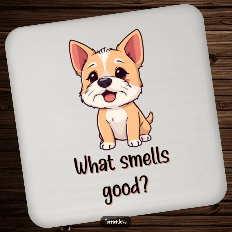 Funny Coasters with a terrier sniffing the air with its nose up, protecting surfaces with canine curiosity and humor.