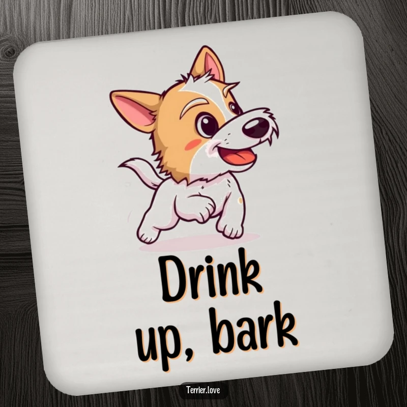 Funny terrier drink coasters featuring a dog barking playfully, embodying the excitement of chasing and protecting surfaces with style.