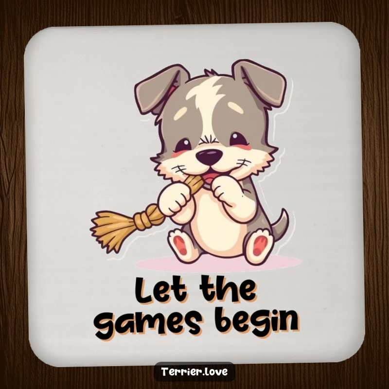 Funny Coasters with a terrier playing tug-of-war with a rope toy, protecting surfaces with canine humor.