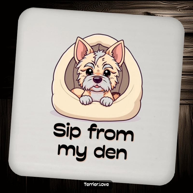 Funny terrier coasters showcasing a dog peeking from a cozy dog bed, protecting surfaces with a dash of playful comfort.