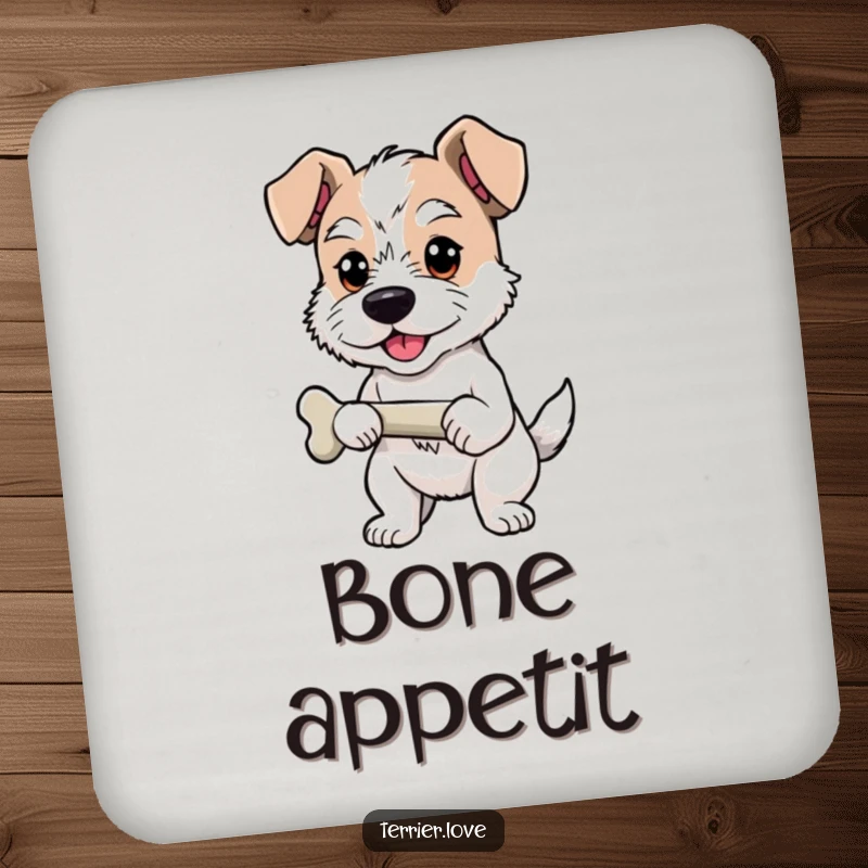 Funny Coasters with a proud terrier holding a bone, protecting surfaces with canine pride and humor.