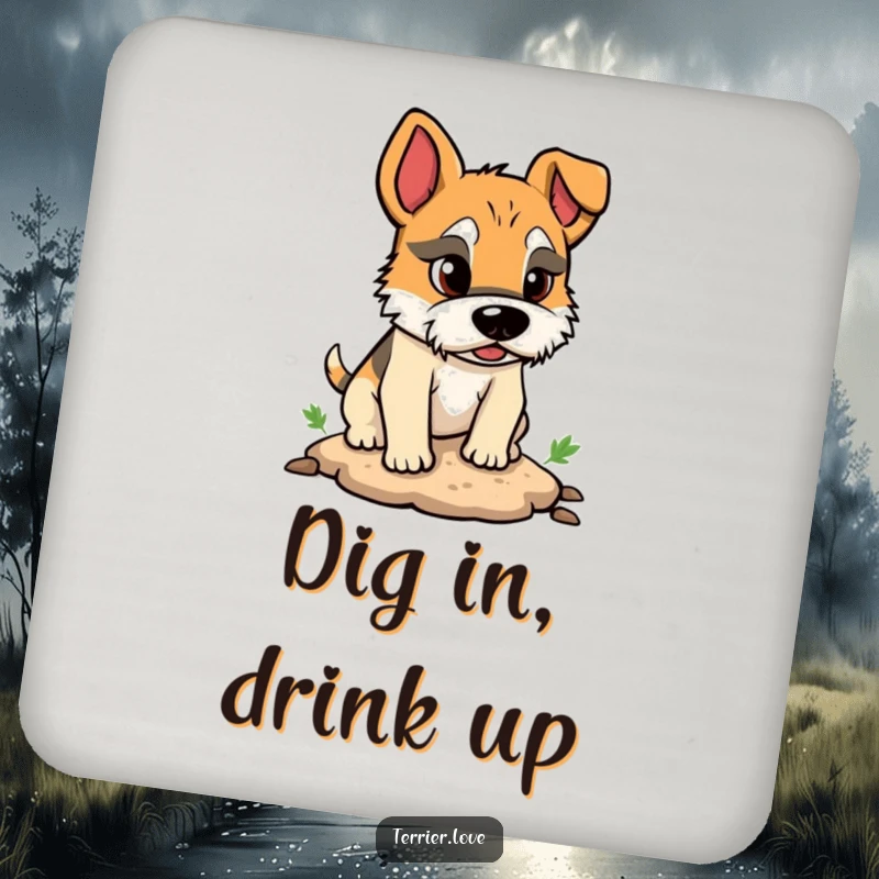 Funny coaster featuring a terrier character with a determined expression, digging a small hole, promoting quirky decor.