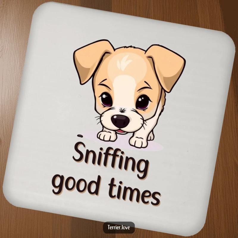 Funny terrier drink coaster showcasing a curious small dog with floppy ears sniffing the ground, guarding your tables.