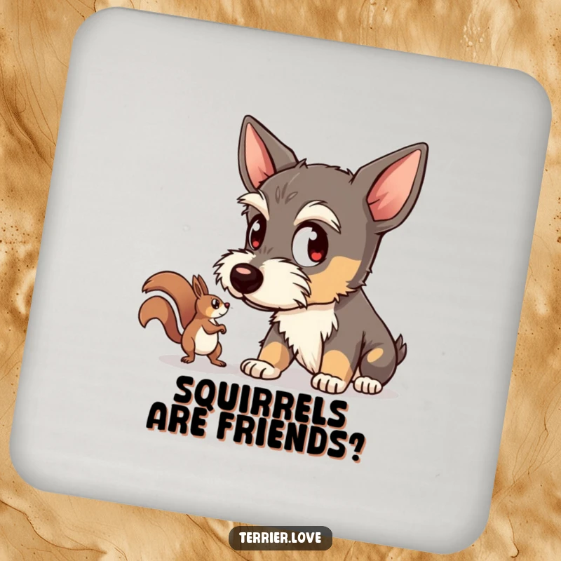Funny terrier drink coaster featuring a dog with wide eyes intently watching a squirrel, protecting surfaces with watchful canine charm.