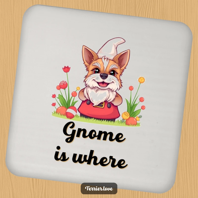 Funny terrier coasters depicting a dog grinning from behind a garden gnome, adding a playful touch to any table.