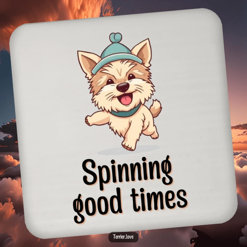 Funny Terrier coaster design with a silly dog in a hat, enthusiastically chasing its tail, a cute and humorous addition to any table.