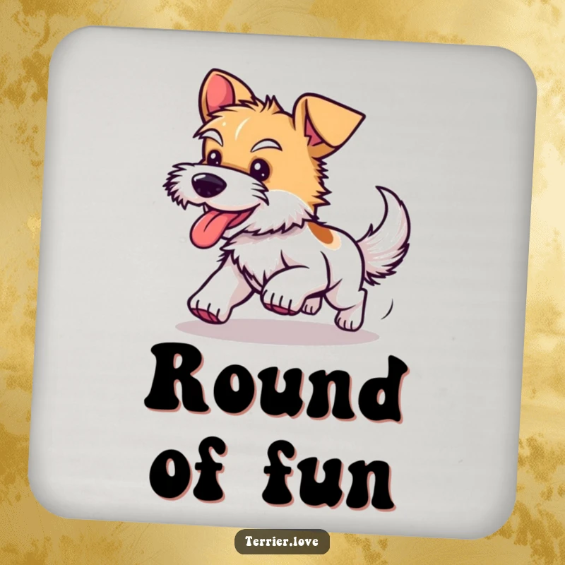 Funny drink coaster designed with a happy terrier dog spinning in circles while chasing its tail, adding humor to any setting.