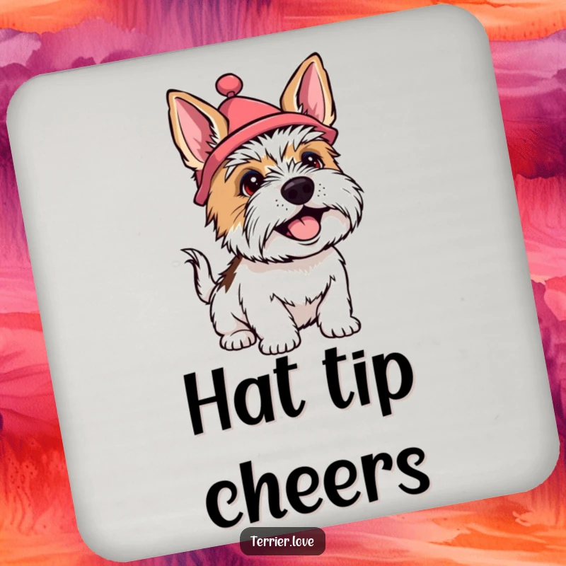 Funny terrier coasters depicting a dog wearing a silly hat and wagging its tail happily, adding a cheerful touch to tabletops.