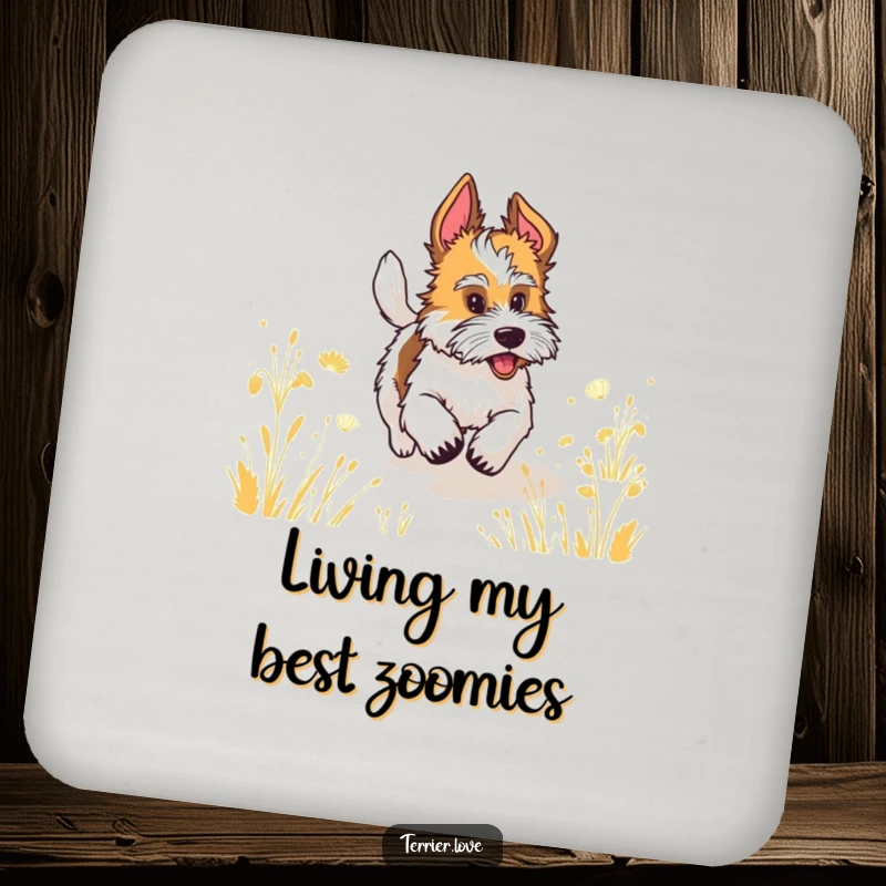 Funny terrier with a wagging tail running through a field, a humorous coaster for table protection.