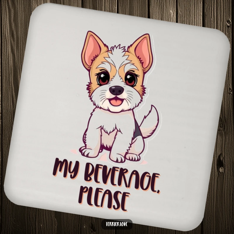 Funny drink coaster designed with an alert terrier dog joyfully wagging its tail, protecting surfaces with humor. A great gift.