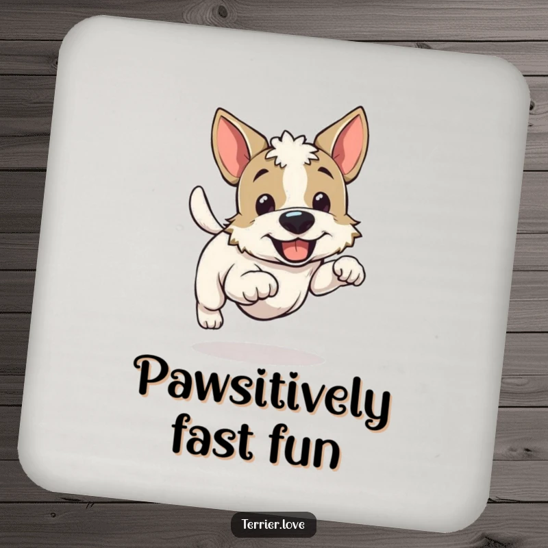 Funny cheerful running terrier coaster, energetic dog wagging tail, playful canine artwork, perfect for table protection.