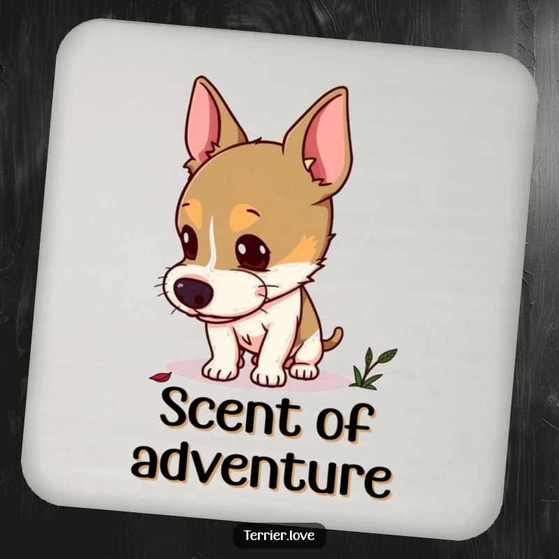 Funny curious terrier coaster featuring a dog with perked ears sniffing the ground, searching for a hidden scent, humorous decor.