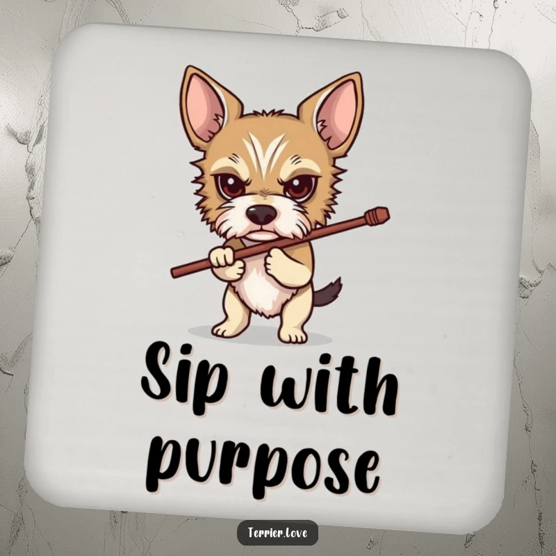 Funny Determined Terrier Coaster: A determined terrier carrying a stick, depicted on a coaster to provide protection with a humorous, focused design.