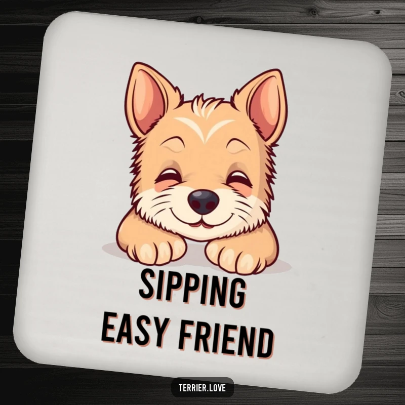 Funny terrier drink coaster featuring a content smiling dog resting its head on paws, protecting surfaces with relaxed canine charm.
