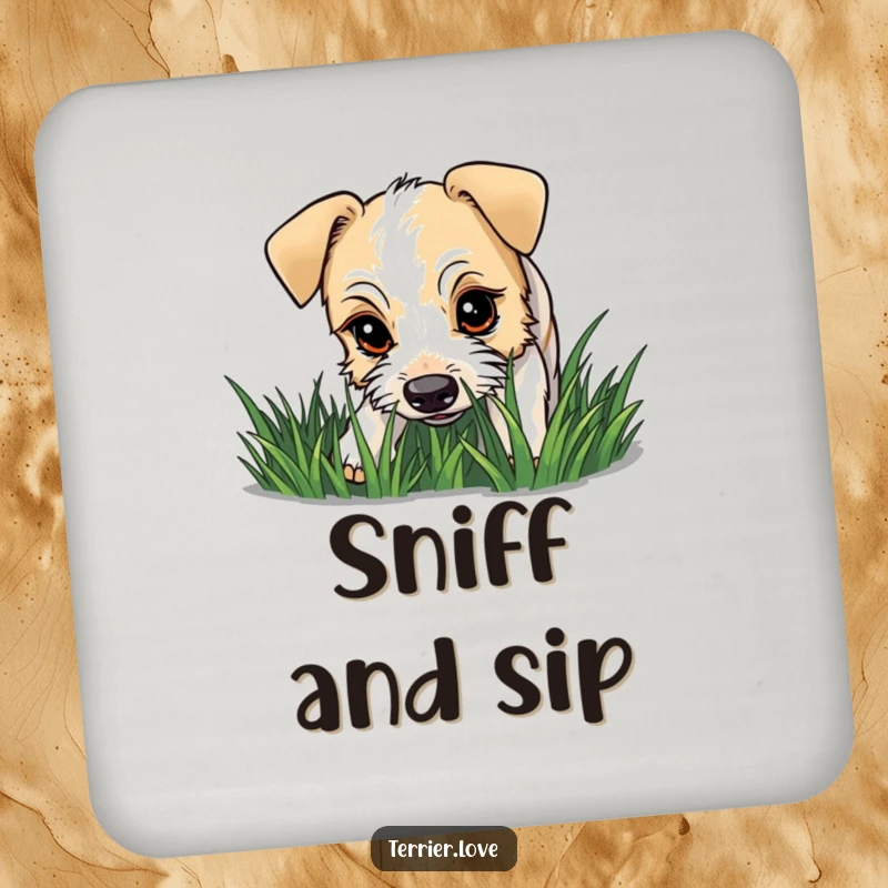 Funny terrier coasters depicting a dog with a curious gaze sniffing grass, adding a humorous touch to tabletops.
