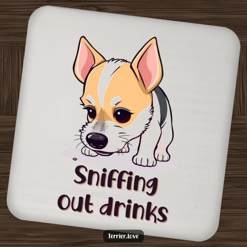 Funny drink coaster showing a curious terrier with a focused expression, sniffing the ground, ready to guard your surfaces.