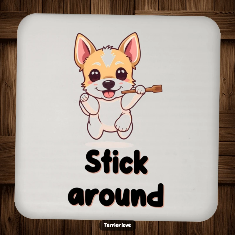 Funny Terrier Coaster: A happy dog leaps for a stick, protecting surfaces with humor and the spirit of play.