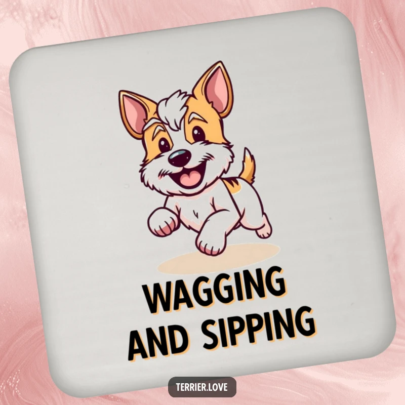 Funny Drink Coaster showcasing a terrier running with a happy wagging tail, adding humor and protection.