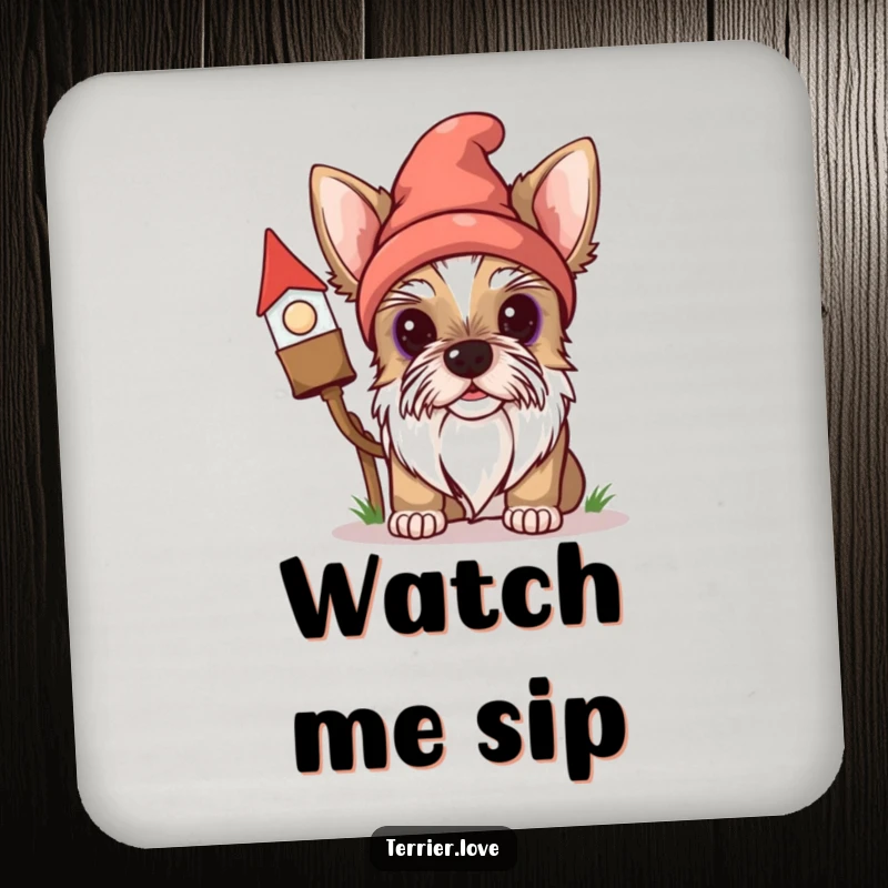 Funny Terrier Coaster: A curious dog peeks from behind a gnome, protecting surfaces with humor and canine charm.