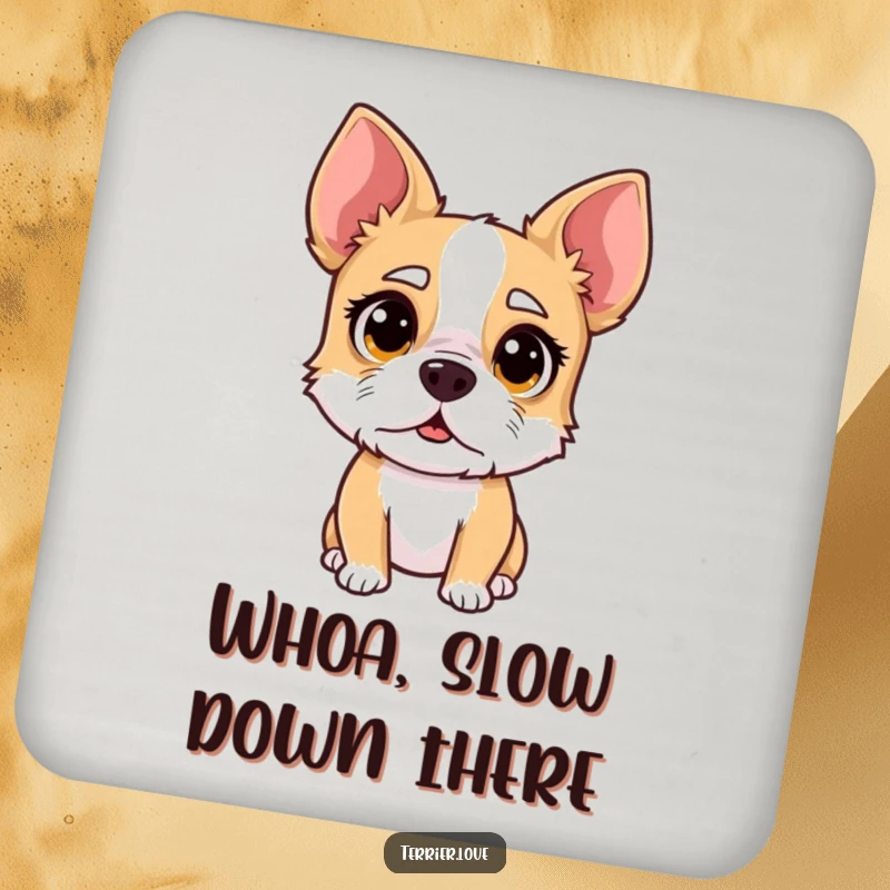 Funny surprised terrier coaster, dog with wide eyes, comical canine art, perfect for table protection.