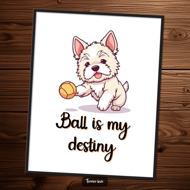 Funny poster print of a fluffy terrier with perked ears joyfully catching a small ball, adding cheerful energy to any room.