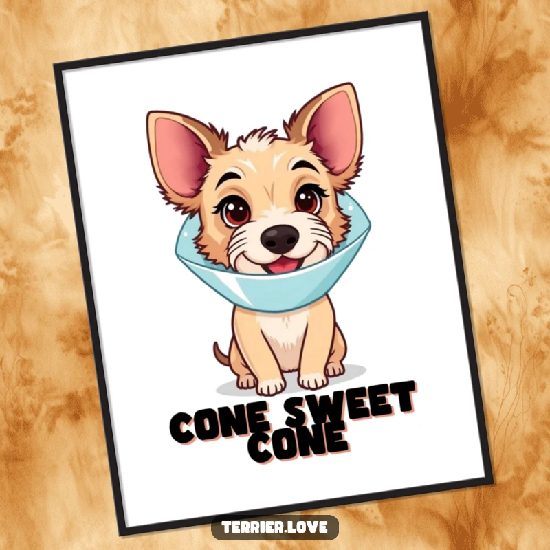 Funny Poster: A terrier dog wearing a medical cone, looking endearingly bewildered yet maintaining a cheerful and happy expression.