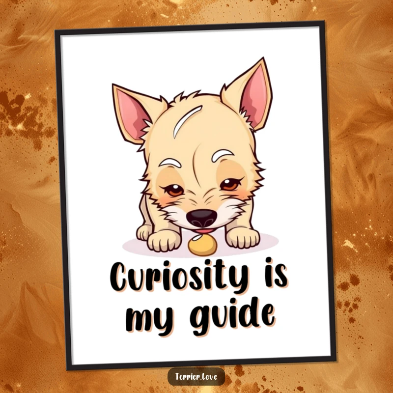 Funny curious terrier poster showing a dog intensely sniffing a small, intriguing object, perfect for thoughtful decor.