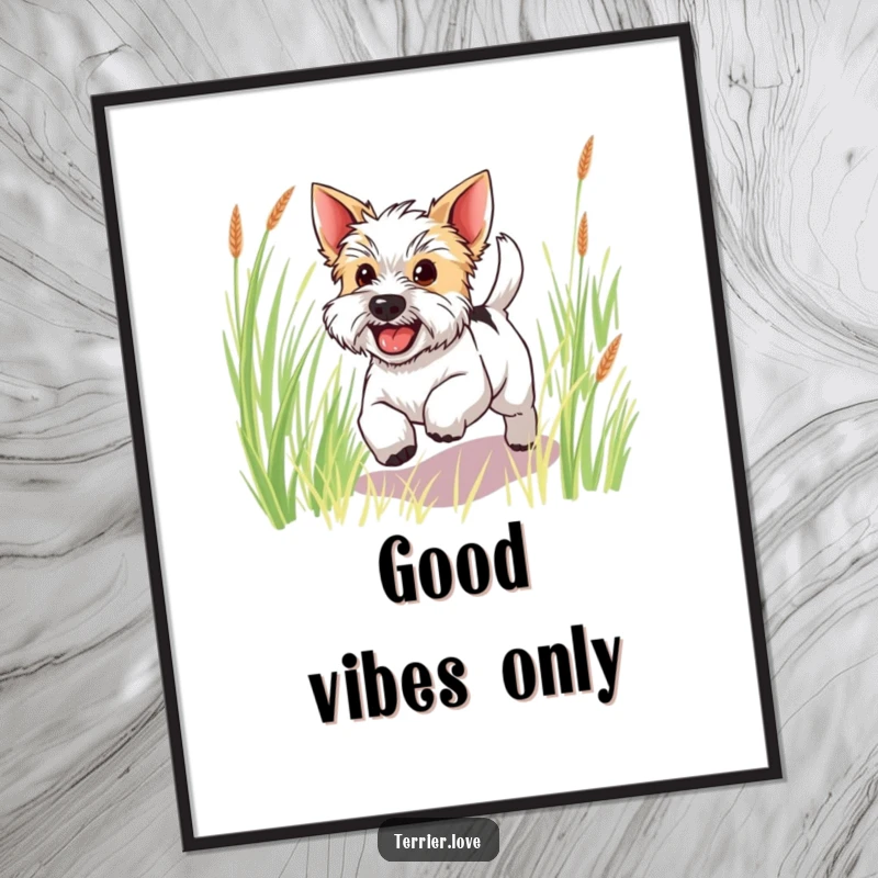 Funny happy terrier poster of a dog with a blurred wagging tail bounding through tall grass, exuding pure joy and energy.