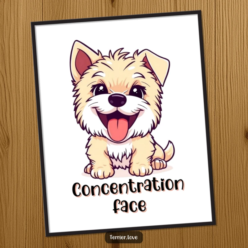 Funny Terrier poster print of a joyful dog with its tongue out, looking intently at something with great focus.