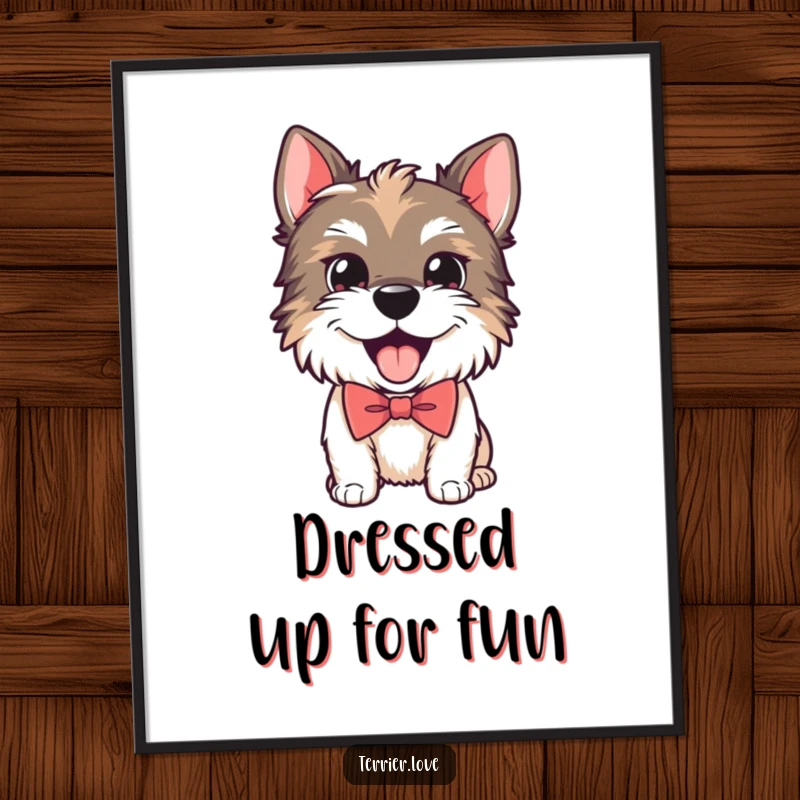 Funny poster art of a playful Terrier dog wearing a smart bow tie and panting happily, exuding dapper canine charm.