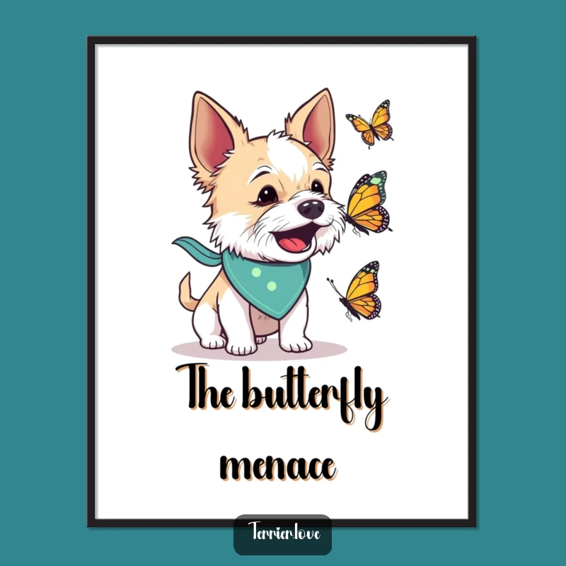 Funny Terrier Butterfly Barking Poster: Bandana Dog Art Print, Gift