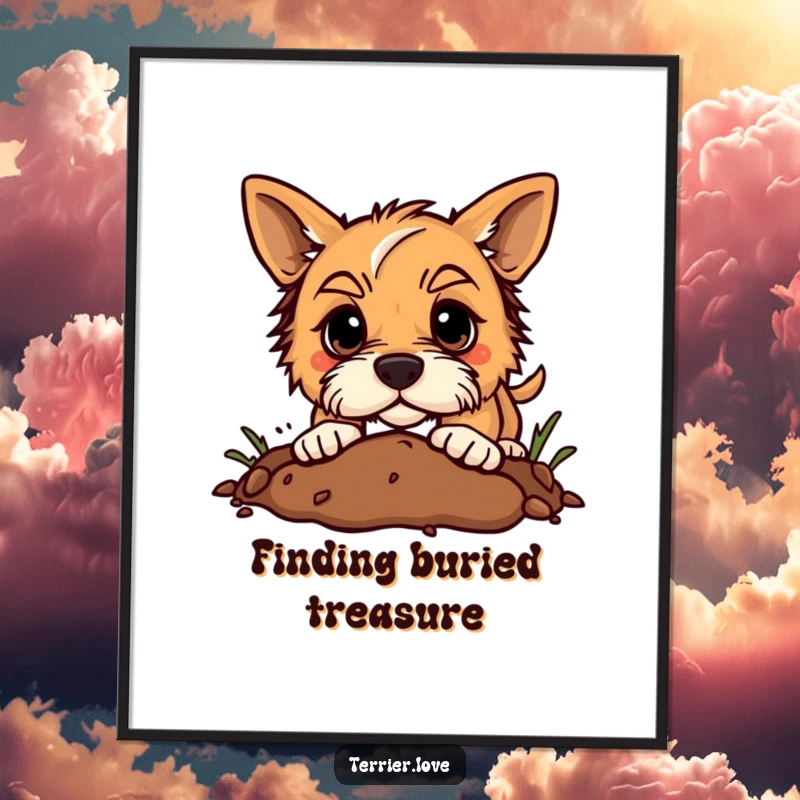 Funny terrier poster displaying a dog digging enthusiastically in the dirt with a determined expression, full of canine effort.