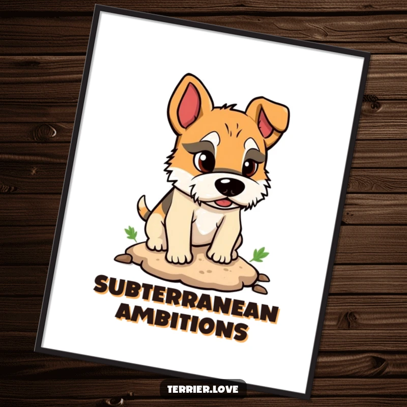 Funny poster illustrating a terrier with a serious, digging expression, creating a small hole with great concentration.