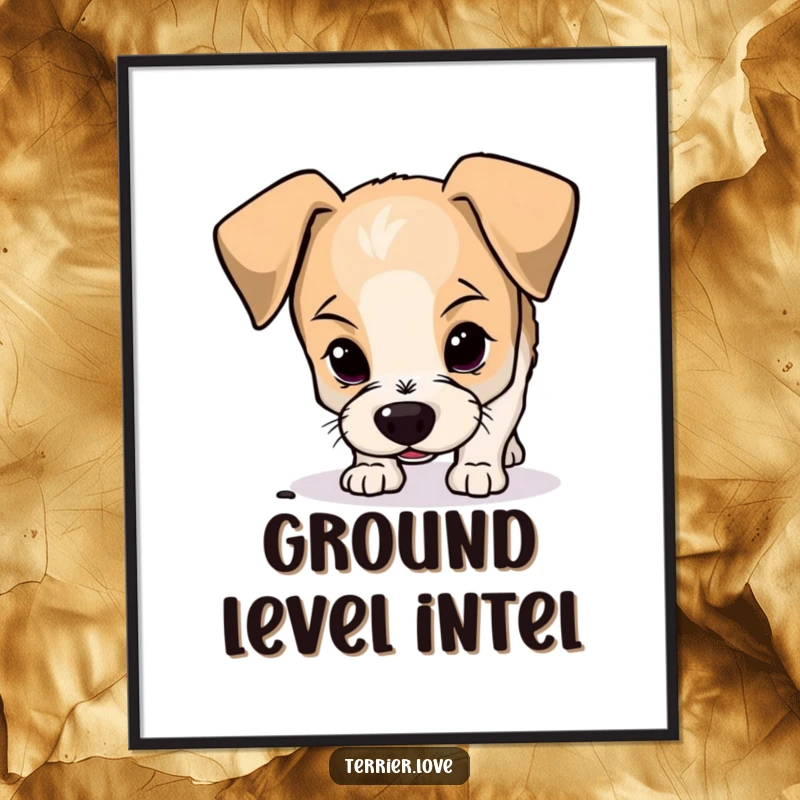 Funny terrier poster capturing a curious small dog with floppy ears sniffing the ground, perfect for adding intrigue to walls.