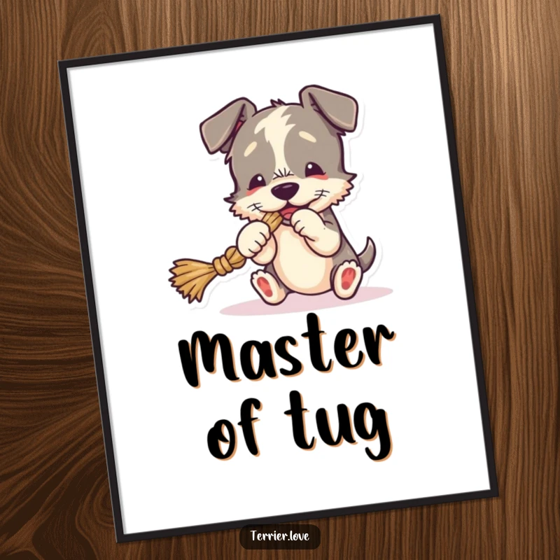 Funny Poster depicting a terrier playfully tugging on a rope toy, vibrant and humorous wall art for dog lovers.