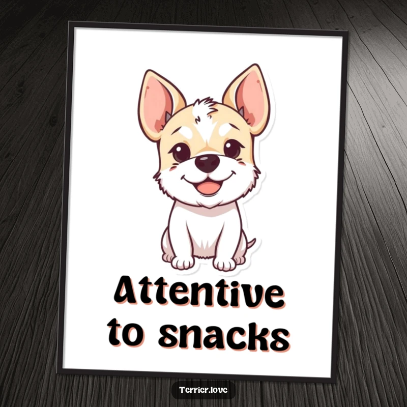 Funny Poster print of a smiling terrier with its floppy ears perked up, exuding happiness and friendly attentiveness.