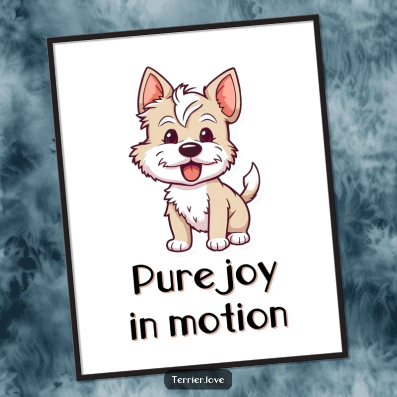 Funny terrier poster showing a dog with its tail wagging like crazy, eyes shining with eagerness, a perfect depiction of happy anticipation.