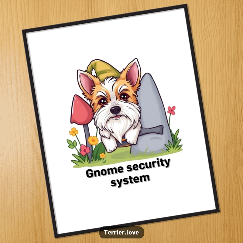 Funny mischievous terrier poster, dog peeking from behind gnome, playful canine illustration, great for gifting.