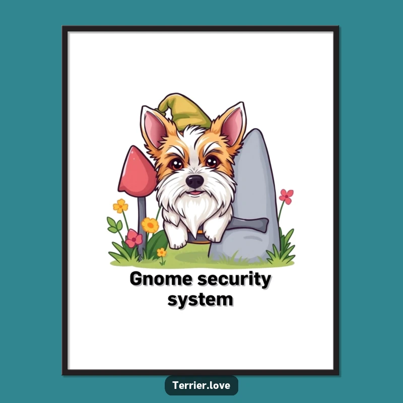 Funny Mischievous Terrier Poster - Gnome Peeking Dog Art Print, Prankster Gift