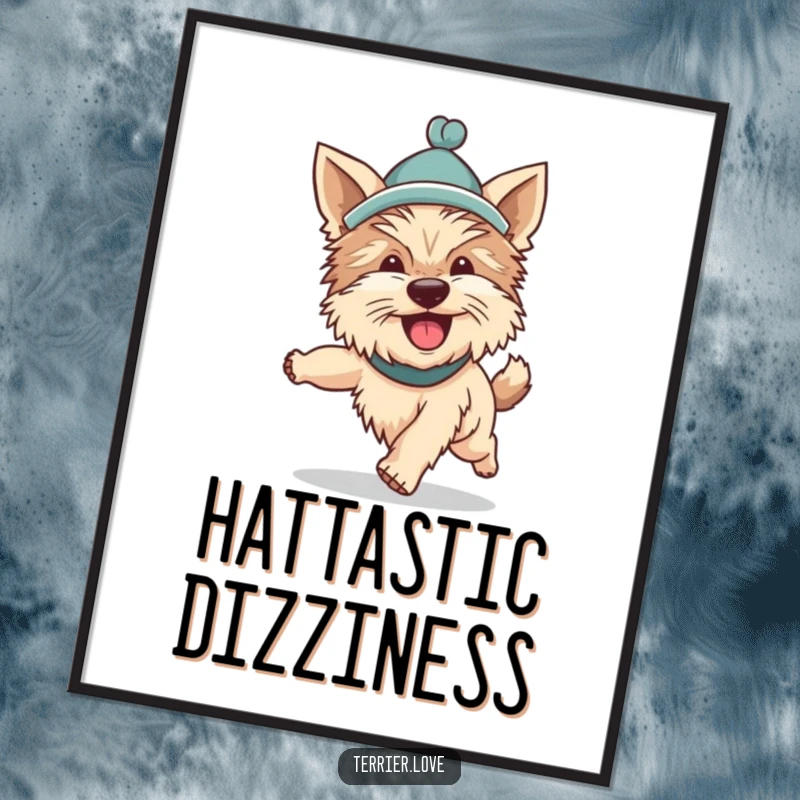 Funny Terrier poster showcasing a silly dog in a hat, enthusiastically chasing its tail in a dynamic and comical display.