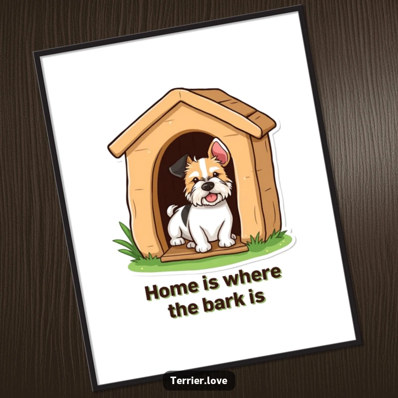 Funny terrier dog playfully peeking from a doghouse, a humorous poster for wall decor.