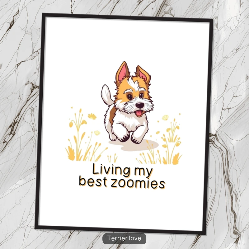 Funny terrier with a happily wagging tail running through a field, a humorous poster for wall decor.