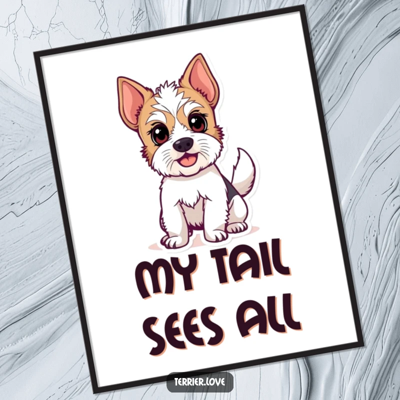 Funny poster print of an alert terrier dog with its tail wagging furiously, capturing pure canine joy. A delightful wall art gift.