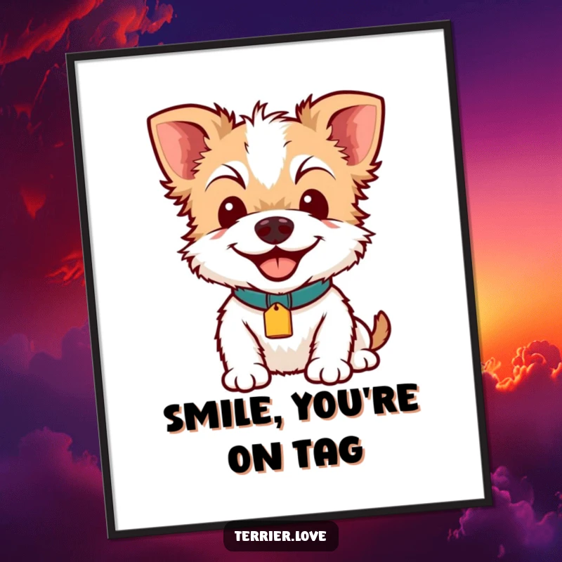 Funny Terrier Smile Poster: A smiling terrier with a prominent bright collar tag, exuding happiness and charm on a decorative wall art piece.