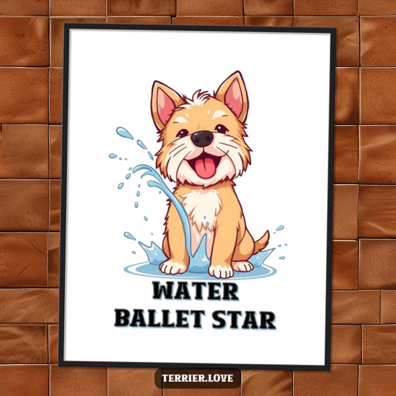 Funny terrier poster capturing a dog vigorously shaking off water, creating a joyful spray, full of energetic movement.