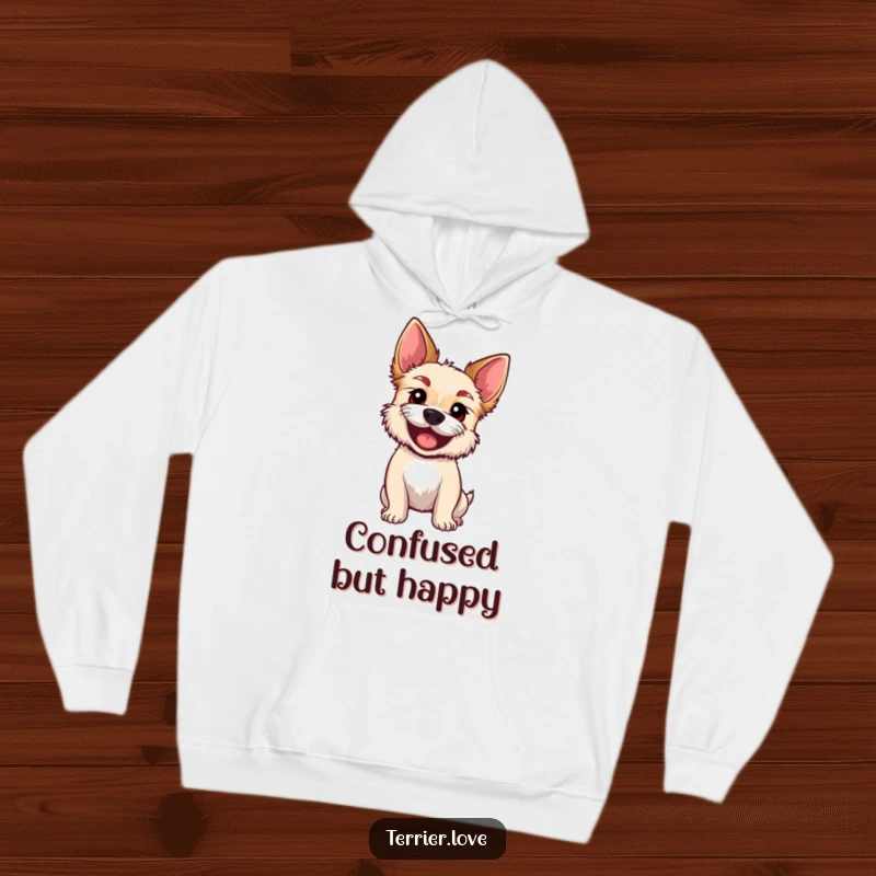 Funny Hoodie depicting an excited terrier tilting its head, large curious eyes looking up with adorable wonder.