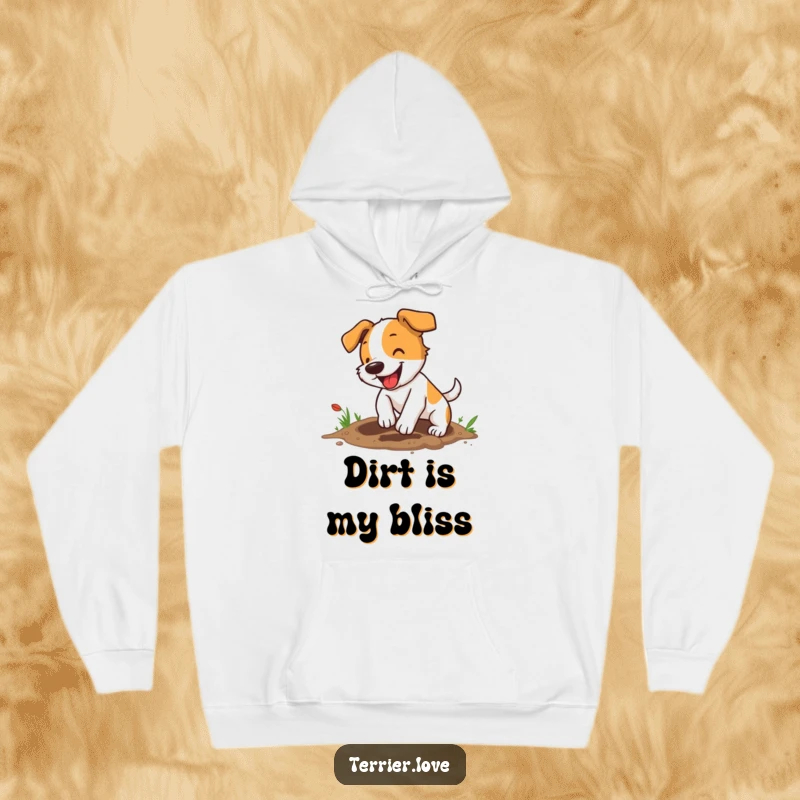 Funny terrier hoodie depicting a small, energetic dog digging a hole with intense focus and excitement, perfect for cozying up.