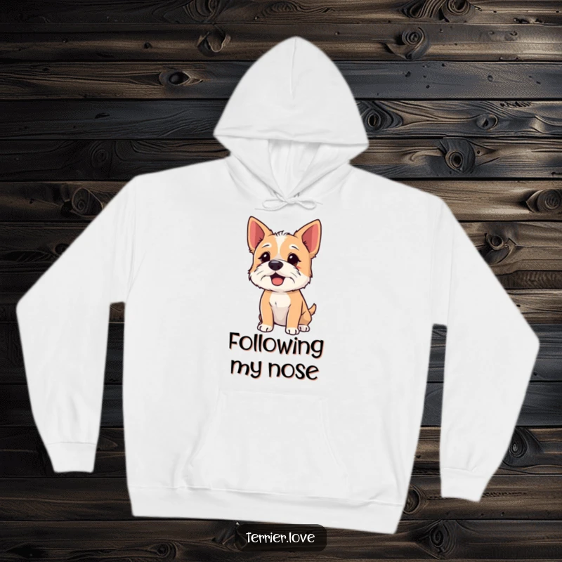 Funny Hoodie with a terrier sniffing the air with its nose up, comfortable and humorous apparel for the curious.