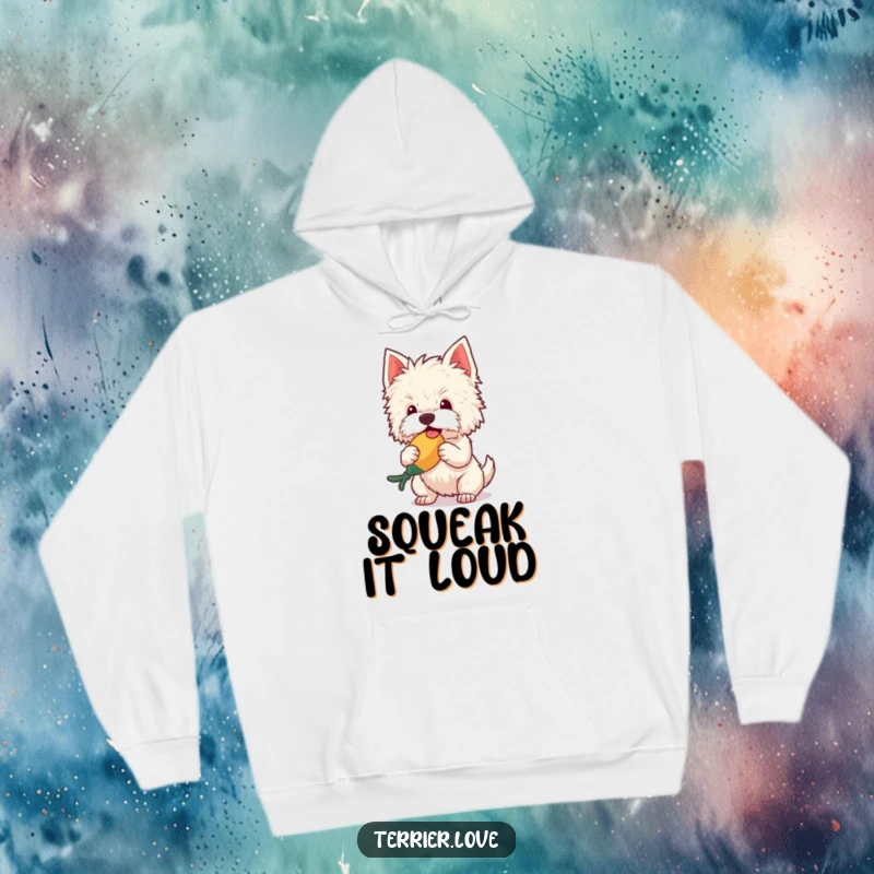 Funny Hoodie showcasing a fluffy terrier dog in the act of shaking a squeaky toy with immense happiness and energetic delight.