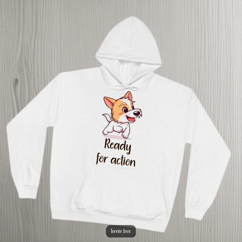 Funny terrier hoodie featuring a dog character with an open mouth in a bark, ready to chase with energy and playfulness.